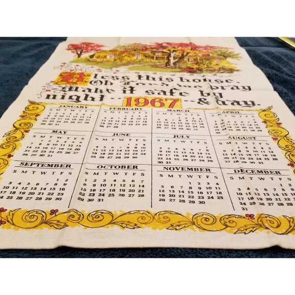 Vintage linen tea towel bless this house 1967 calendar new old stock - Picture 2 of 6